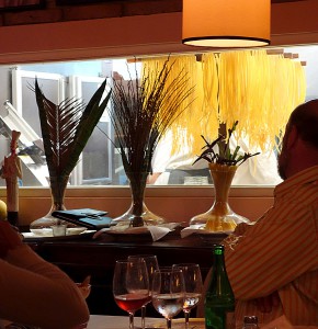 Now that was great ambiance for dinner . . . looking into the kithen and seeing all the fresh pasta hanging. Had a great meal.